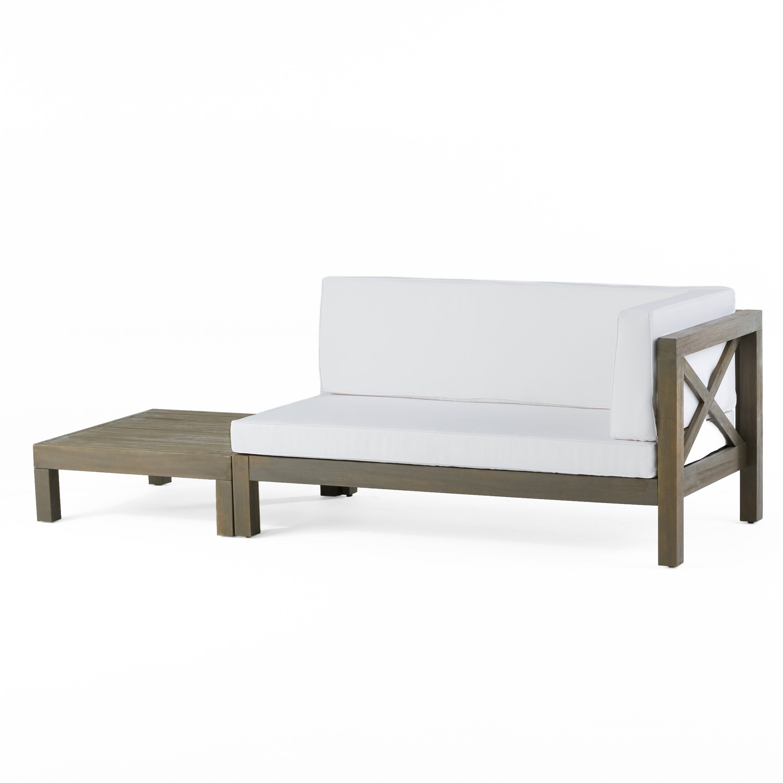 Keith Outdoor Acacia Wood Right Arm Loveseat and Coffee Table Set with Cushion