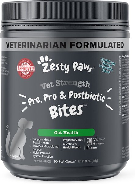 Zesty Paws Vet Prebiotic， Probiotic， and Postbiotic Digestive Dog Vitamins， 90 Count