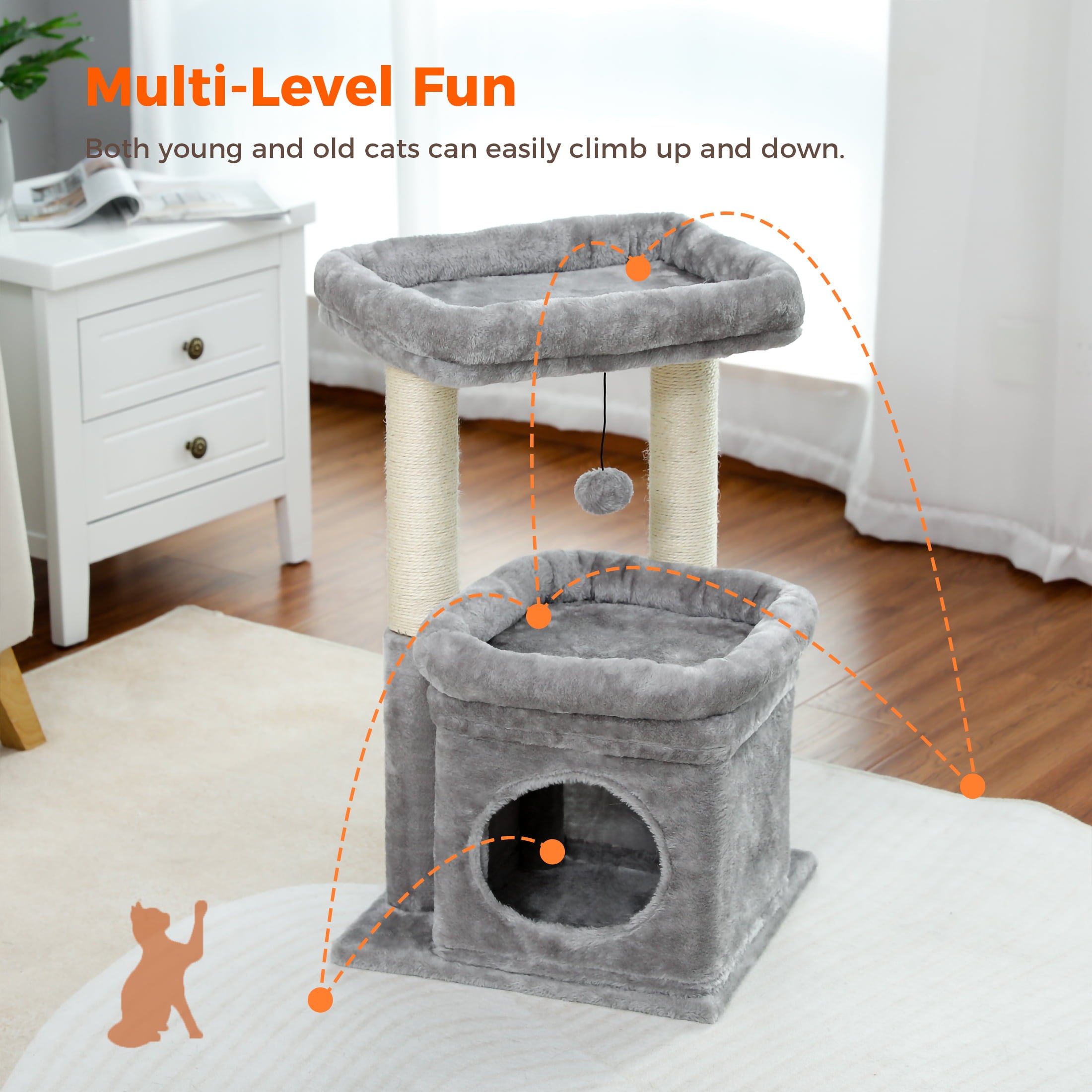 PAWZ Road Small Cat Tree Tower Plush Condo and Scratching Posts for Kittens Medium Cats， Gray