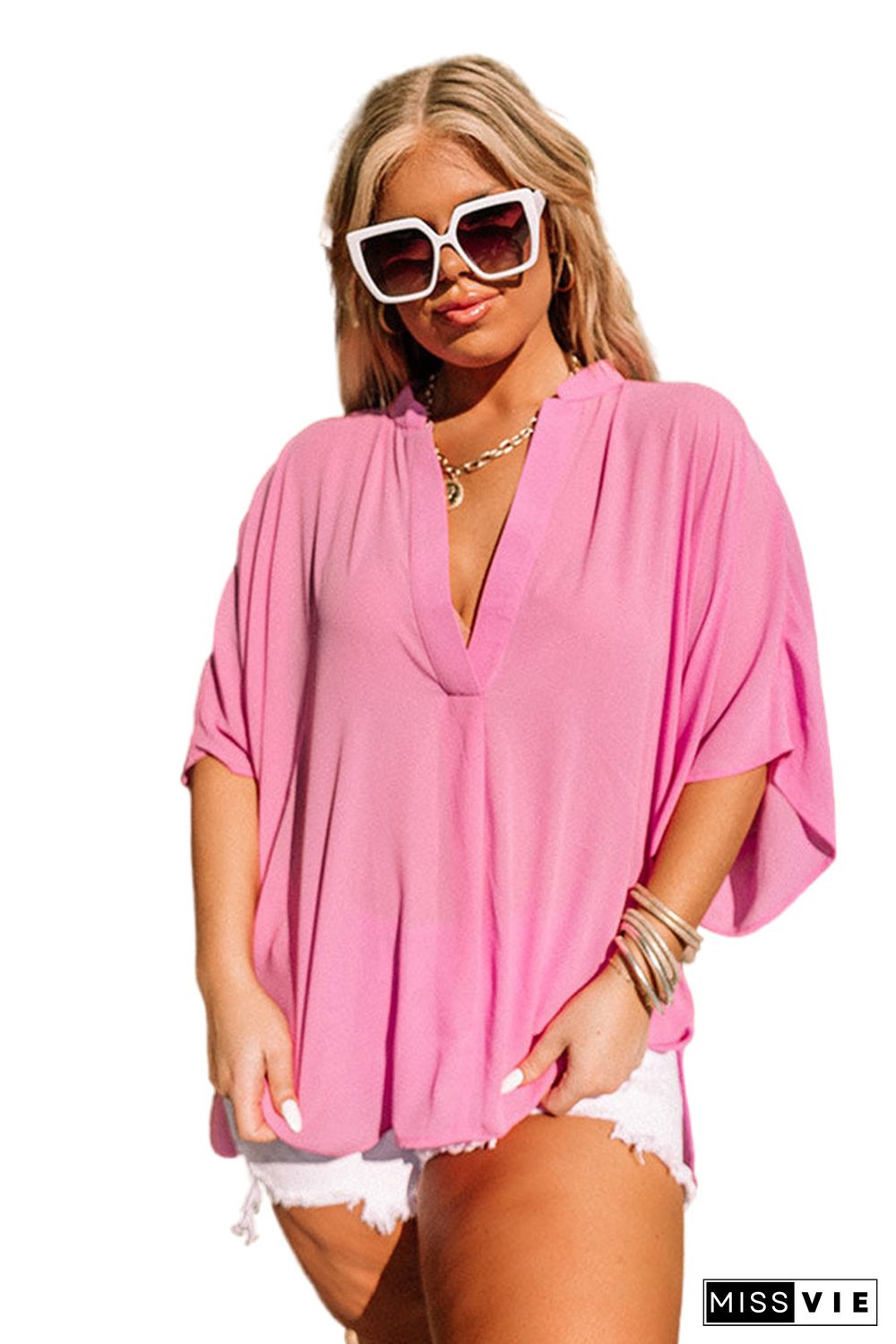 Pink Plus Size Flowy V Neck Blouse