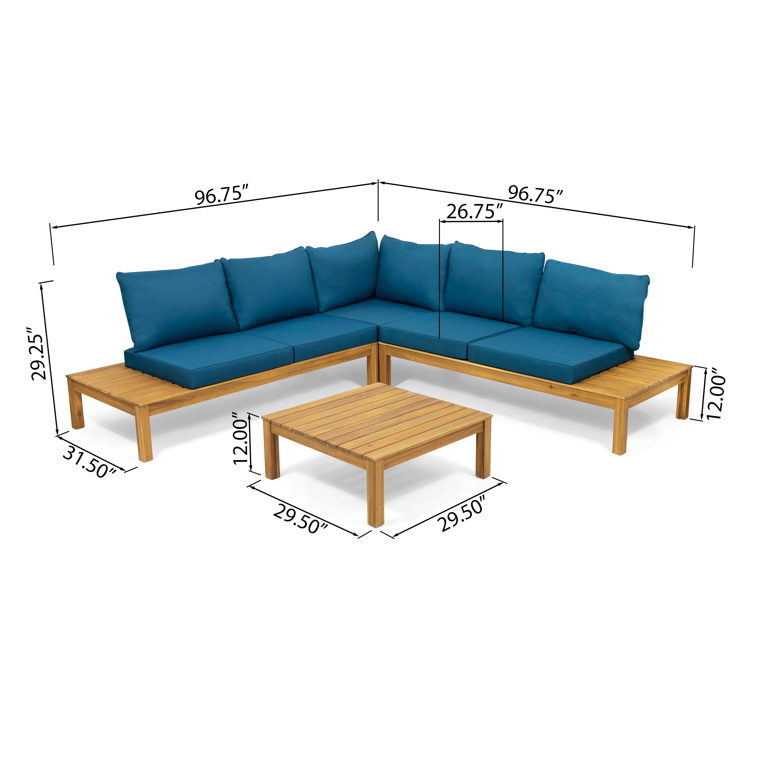 Vashti Outdoor 5 Seater V Shaped Acacia Wood Sectional Sofa Set with Cushions