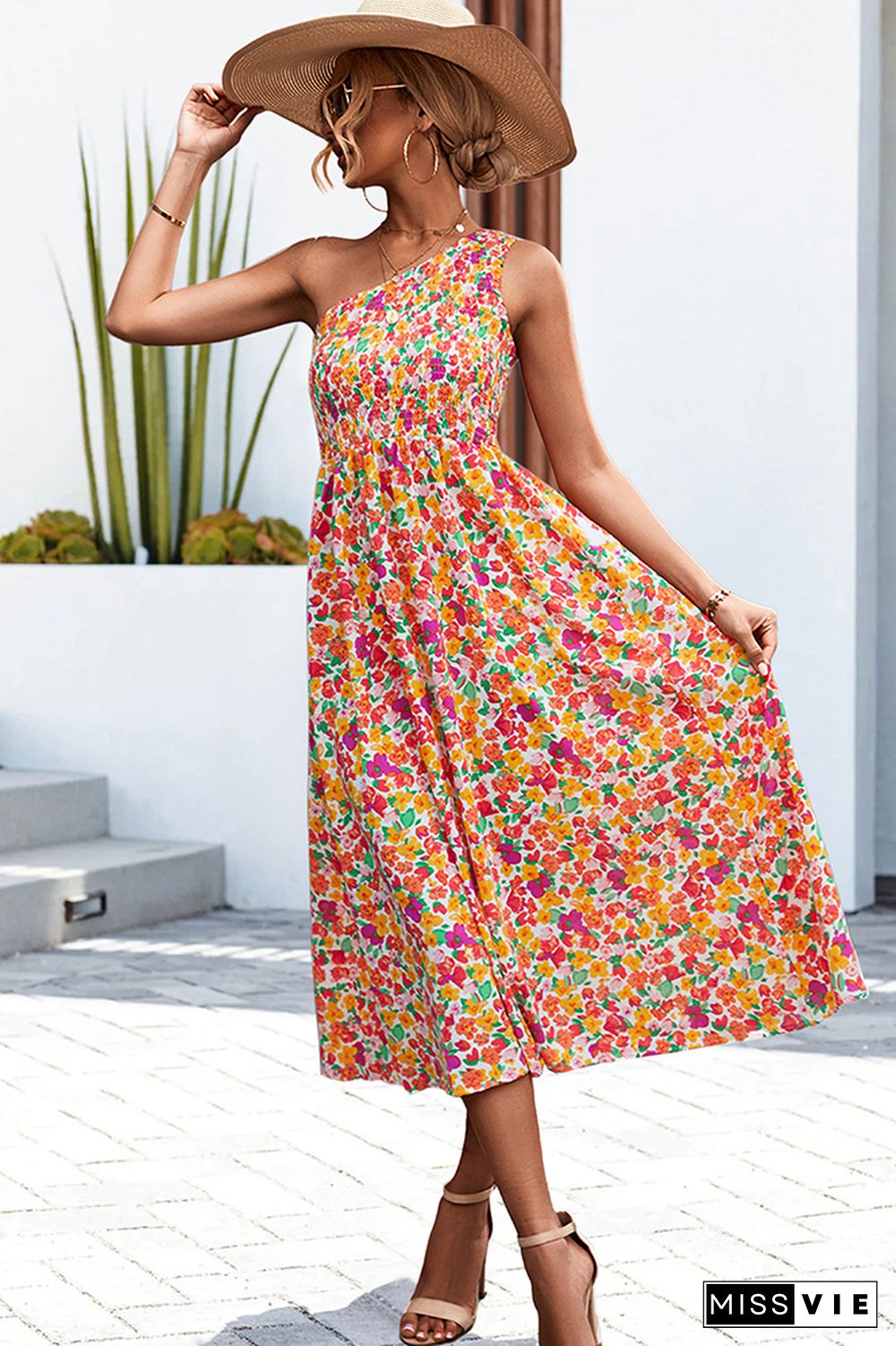 One SHoulder Flower Print Long Dress