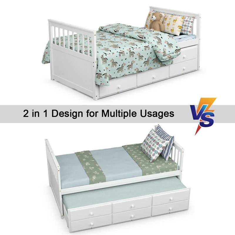 Twin Captain's Bed with Trundle Bed, Storage Daybed with 3 Drawers, Wooden Platform Bed for Kids Guests Sleepovers