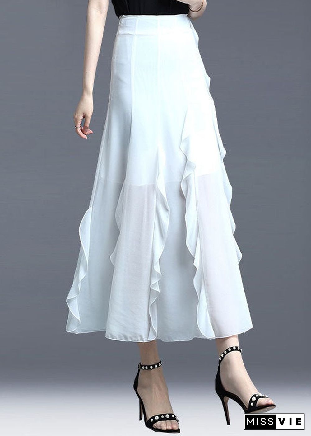 Fitted White Ruffled Patchwork Chiffon Skirts Summer