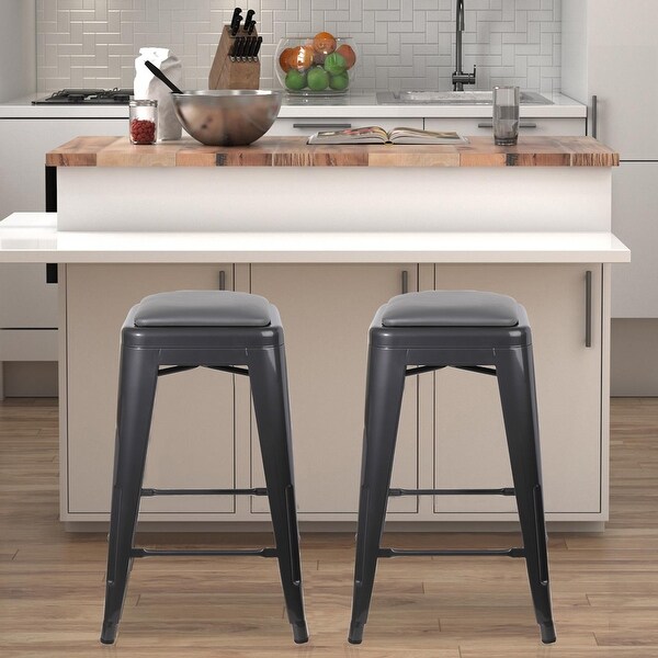 24 inch backless Metal Stool with Leather Cushion seat-Set of 2