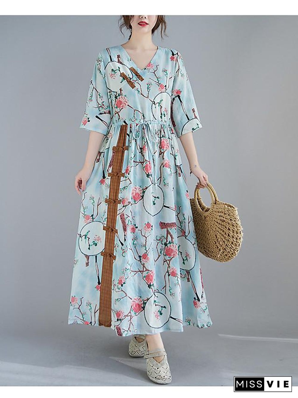 Women's Swing Dress Maxi long Dress 3/4 Length Sleeve Floral Spring Summer Casual Blushing Pink Light Blue M L XL XXL