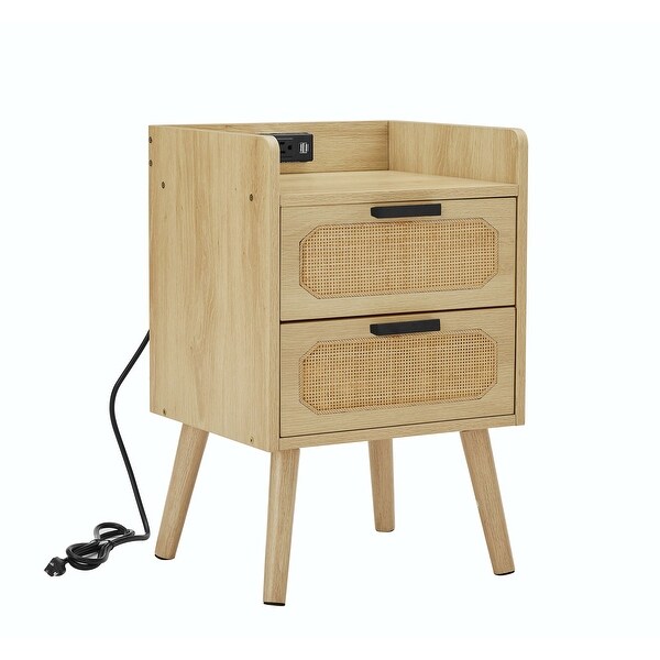 Rattan nightstand with socket side table natural handmade rattan（Natural 15.55''W*13.78''D*23.82''H） - - 37431293