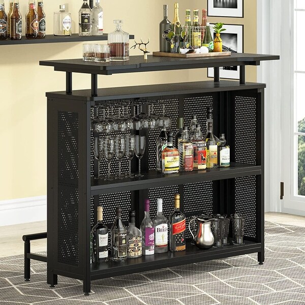 3 Tier Home Bar Unit， Wine Bar Table with Stemware Racks and Shelves