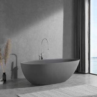 INSTER JUNO 67 in. Solid Surface Stone Resin Egg Shape Flatbottom Bathtub in Matte Cement Grey HDPCYNBT0004