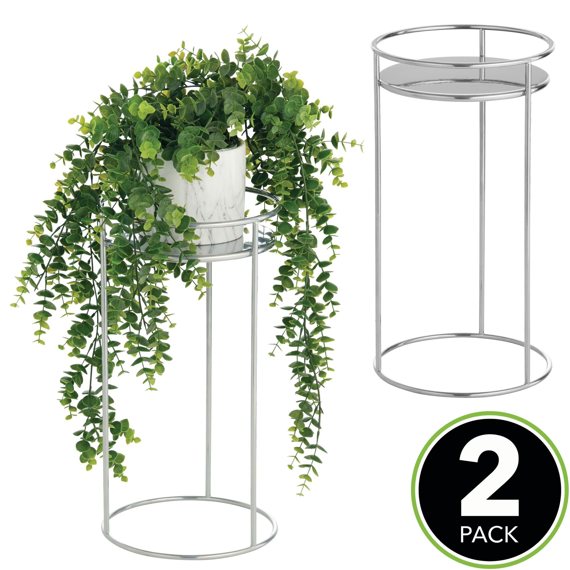 mDesign Metal 15-Inch Tall Circular Plant Stand, Planter Holder Contemporary Design Round Tray for Table, Garden; Holds Indoor/Outdoor Plants, Flower Pot - Concerto Collection - 2 Pack - Chrome