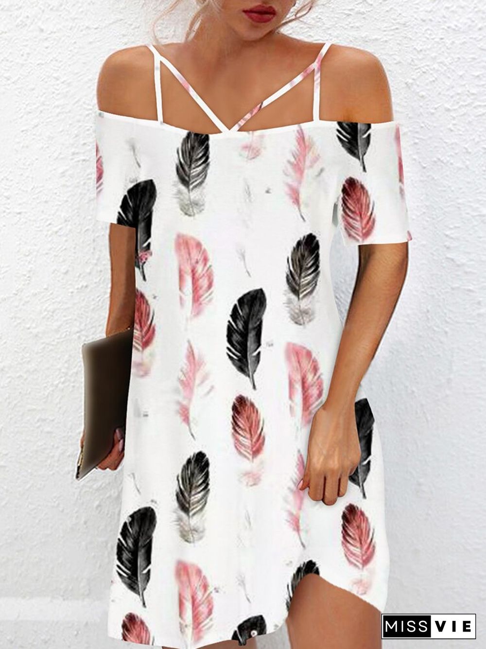 Vintage One-Line Neck Cross Strap Dress Women Summer Sexy Short Sleeve Backless Mini Dress Ladies Fashion Printed Loose Dresses