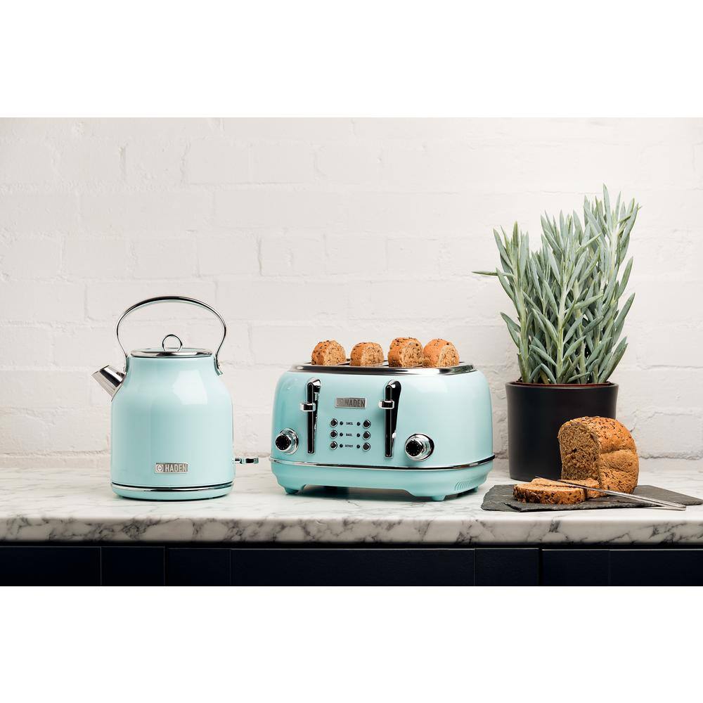 HADEN Heritage 1500-Watt 4-Slice Turquoise Wide Slot Retro Toaster with Removable Crumb Tray and Browning Control 75005