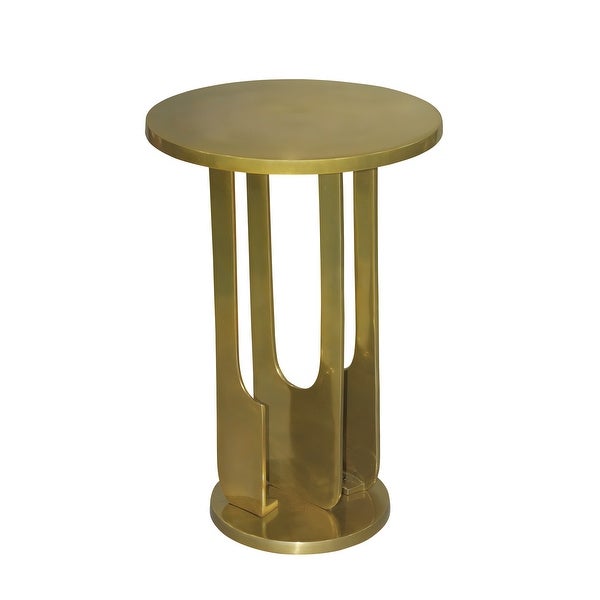 Cyrus 18 Inch Round Accent Side Table， Cast Aluminum， Arched Cut Out Frame， Brass