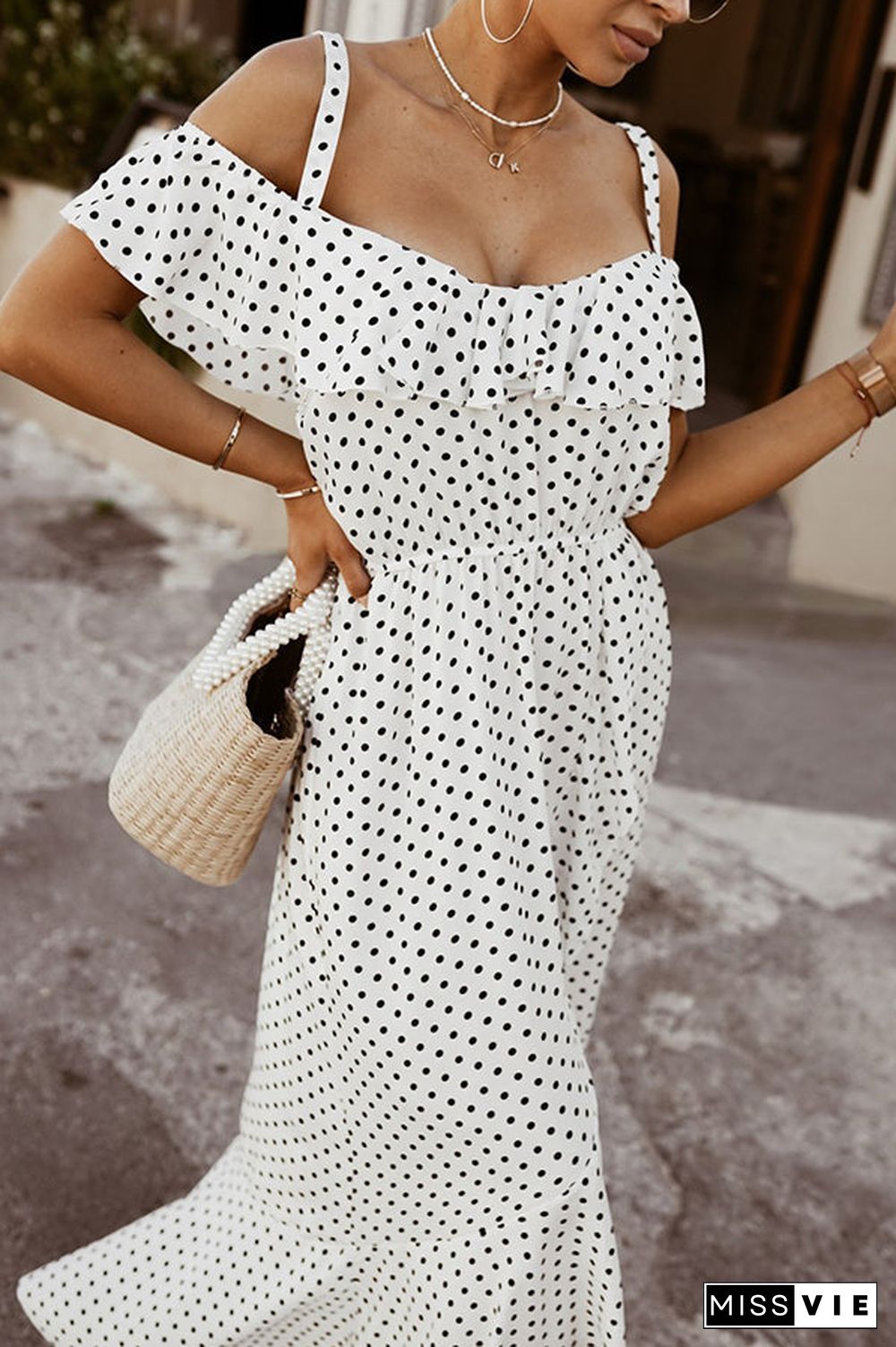 Dot Ruffles Off Shoulder Irregularity Maxi Dress