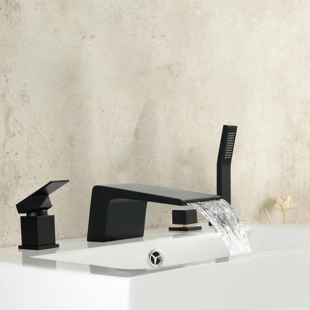 Satico Single-Handle Deck-Mount Roman Tub Faucet with Hand Shower in Matte Black SY002GT45