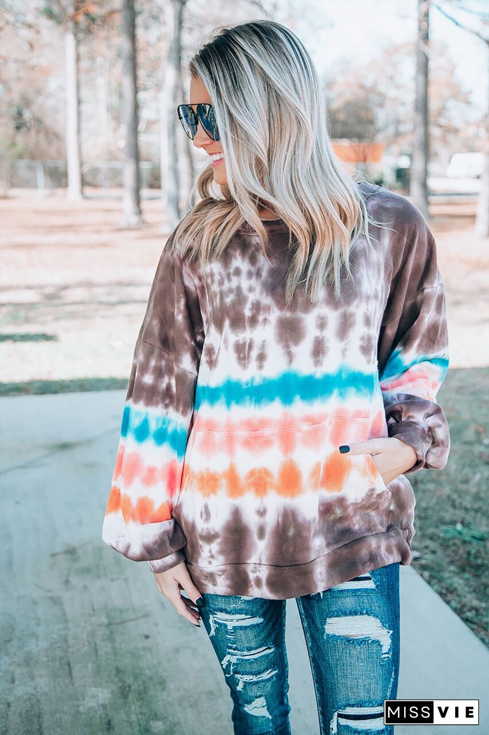 Tie-dyed Print Crew Neck Pullover Sweatshirt with Pocket