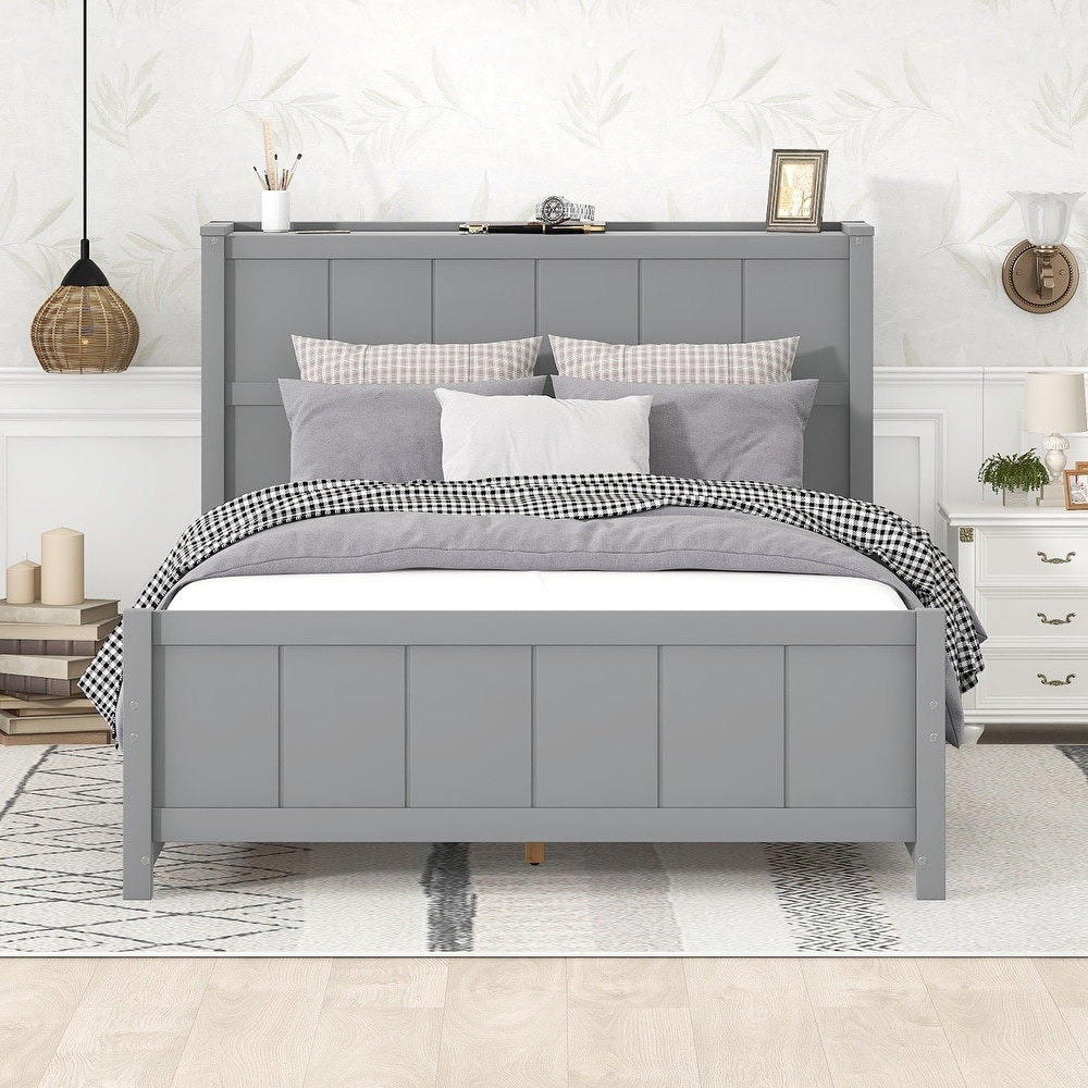 Full Size Platform Bed with Drawers and Storage Shelves  Gray