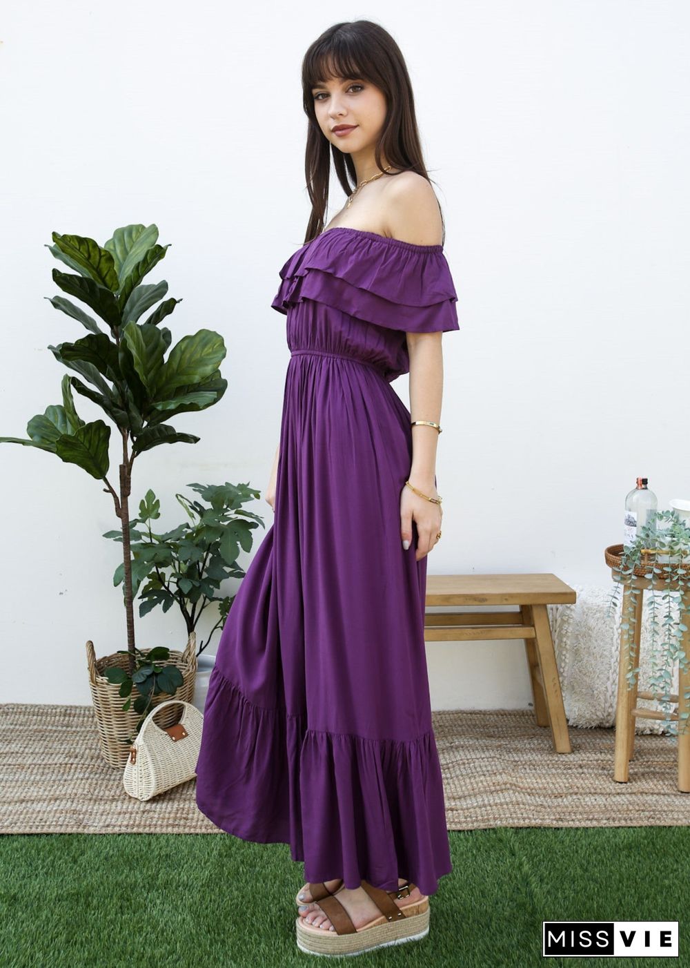 Grecian Ruffle Stretch Maxi Long Dress