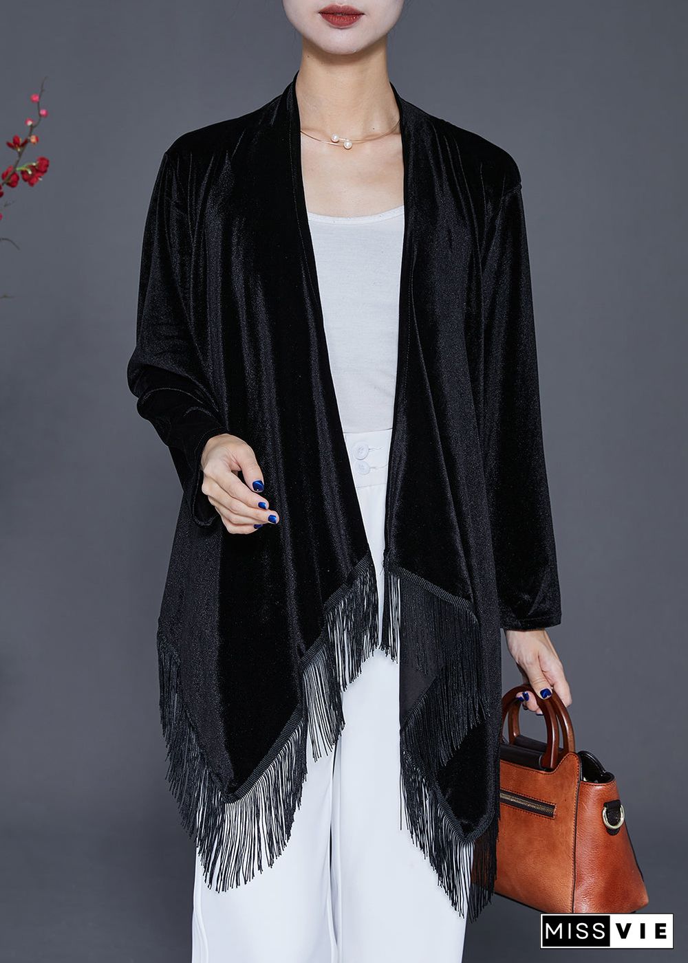 Black Oversized Silk Velour Cardigan Asymmetrical Tasseled Fall