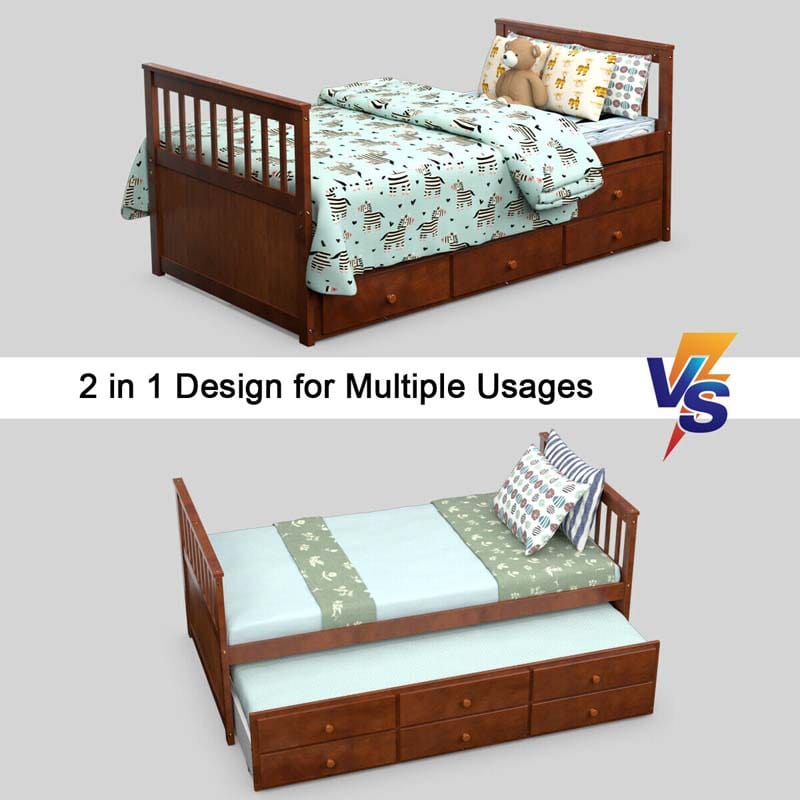 Twin Captain's Bed with Trundle Bed, Storage Daybed with 3 Drawers, Wooden Platform Bed for Kids Guests Sleepovers