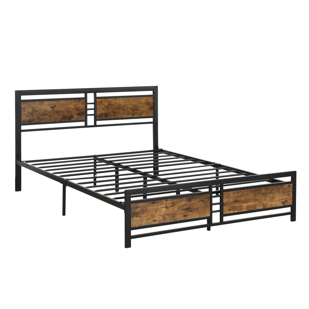 Metal Platform Bed Frame with Wood Headboard and Footboard