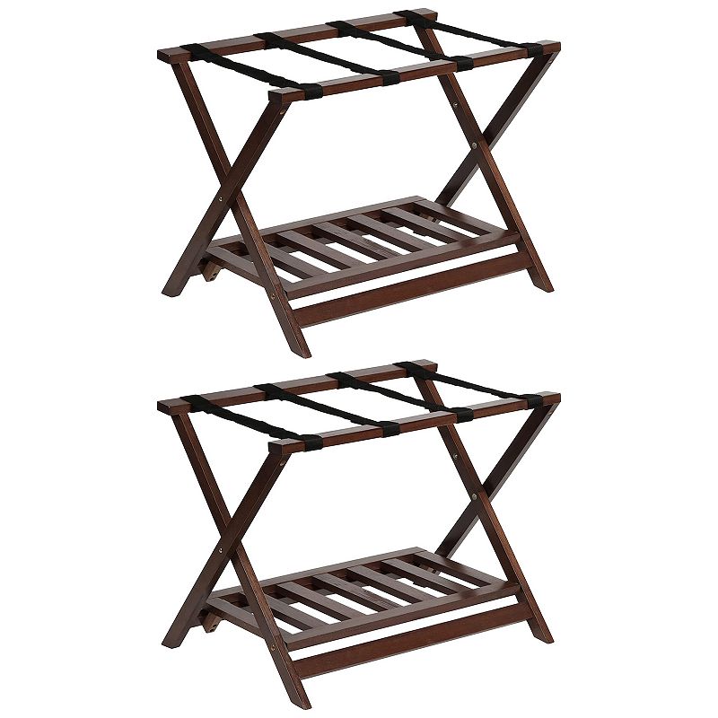 Pj Wood Hotel Style Home Folding Suitcase Luggage Rack W/shelf， Walnut (2 Pack)