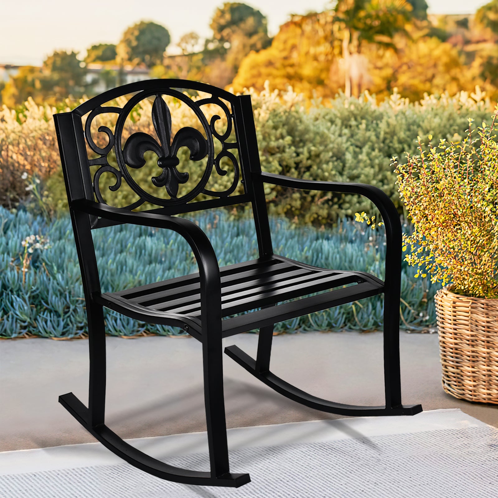 Magic Union Outdoor Rocking Chair Cast Iron for Patio Garden Backyard, Black