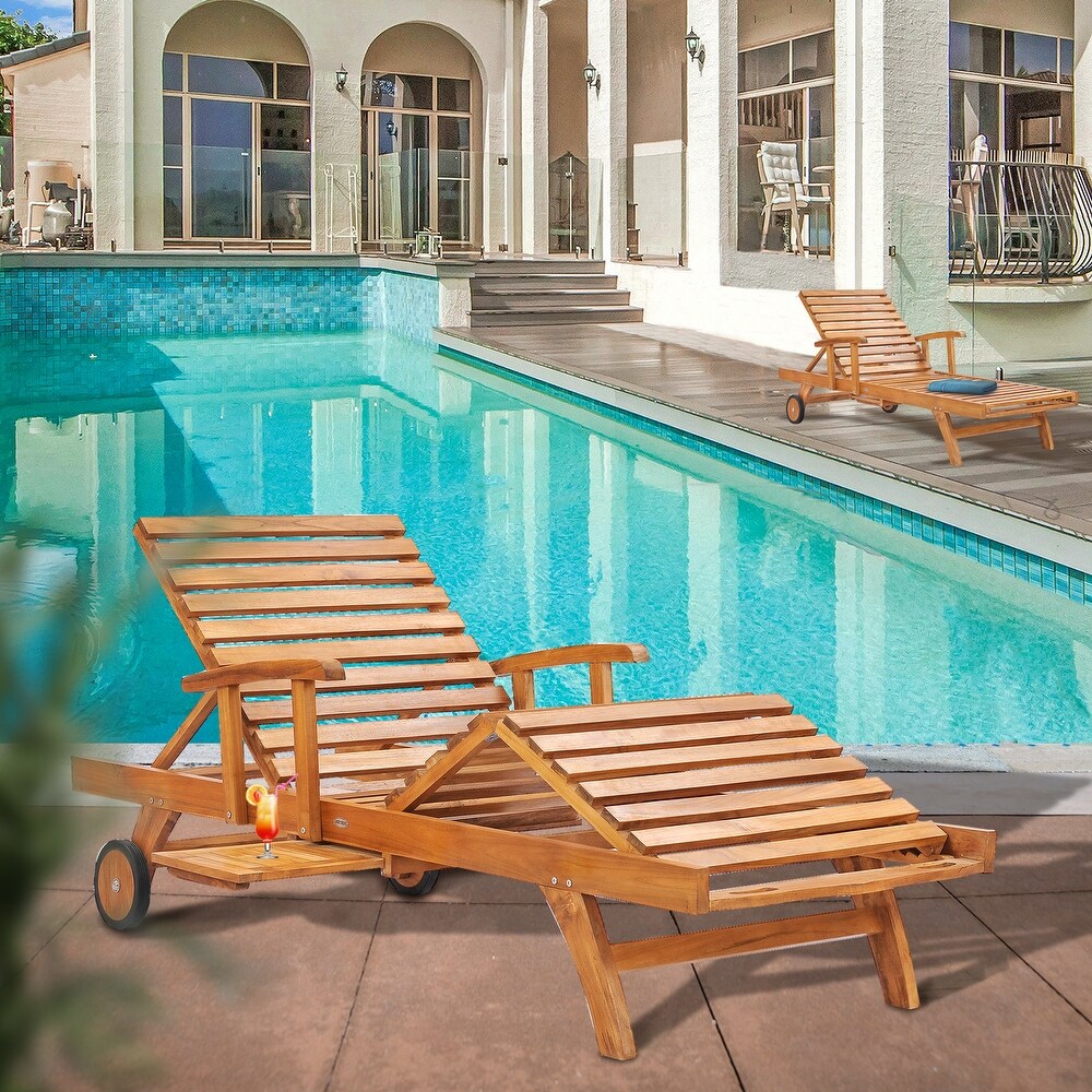 Chic Teak Bahama Teak Wood Pool and Patio Lounger with Pull Out Side Table