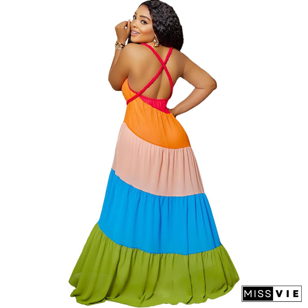 Color Block Patchwork Backless Loose Fitting Maxi Dress