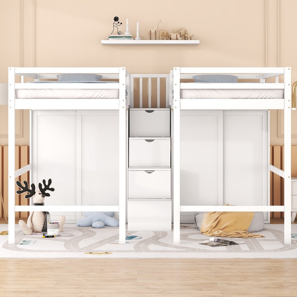 Wood Double Twin Size Loft Bed w/ Wardrobes   Storage Staircase Unisex