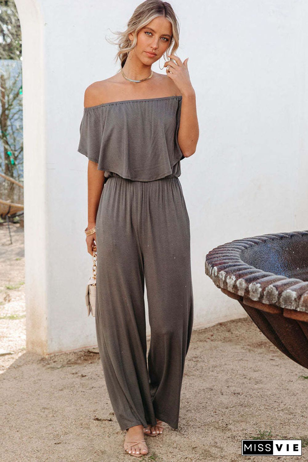 Gray Solid Color Off Shoulder Wide Leg Jumpsuit