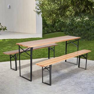 ANGELES HOME Natural Rectangle Metal Outdoor Picnic Table with 2 Benches M70-8OP433