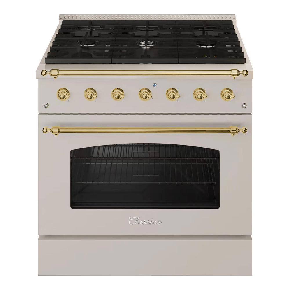 Hallman CLASSICO 36 in. 5.2 Cu. ft. 6 Burner Freestanding All Gas Range LP Gas Stove and Gas Oven Stainless steel Brass Trim HCLRG36BSSS-LP