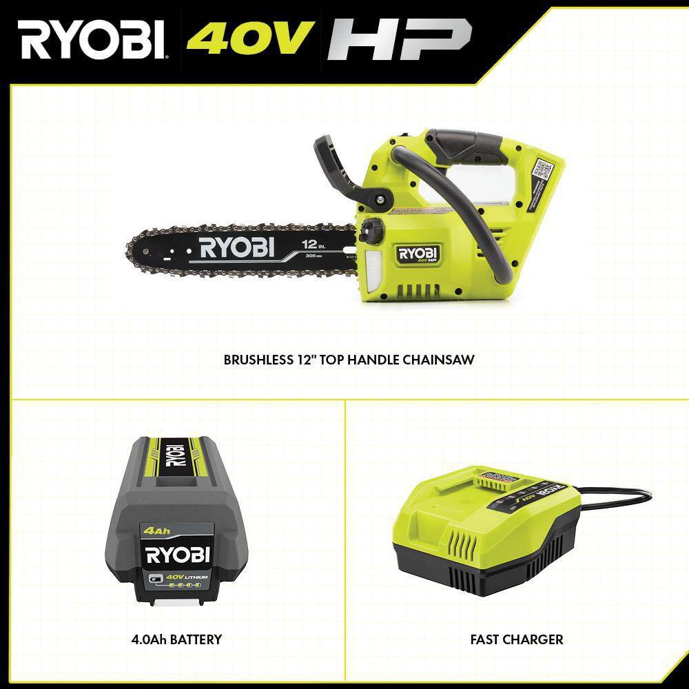 RYOBI 40V HP Brushless 12 in. Top Handle Battery Chainsaw with 4.0 Battery and Charger RY40590