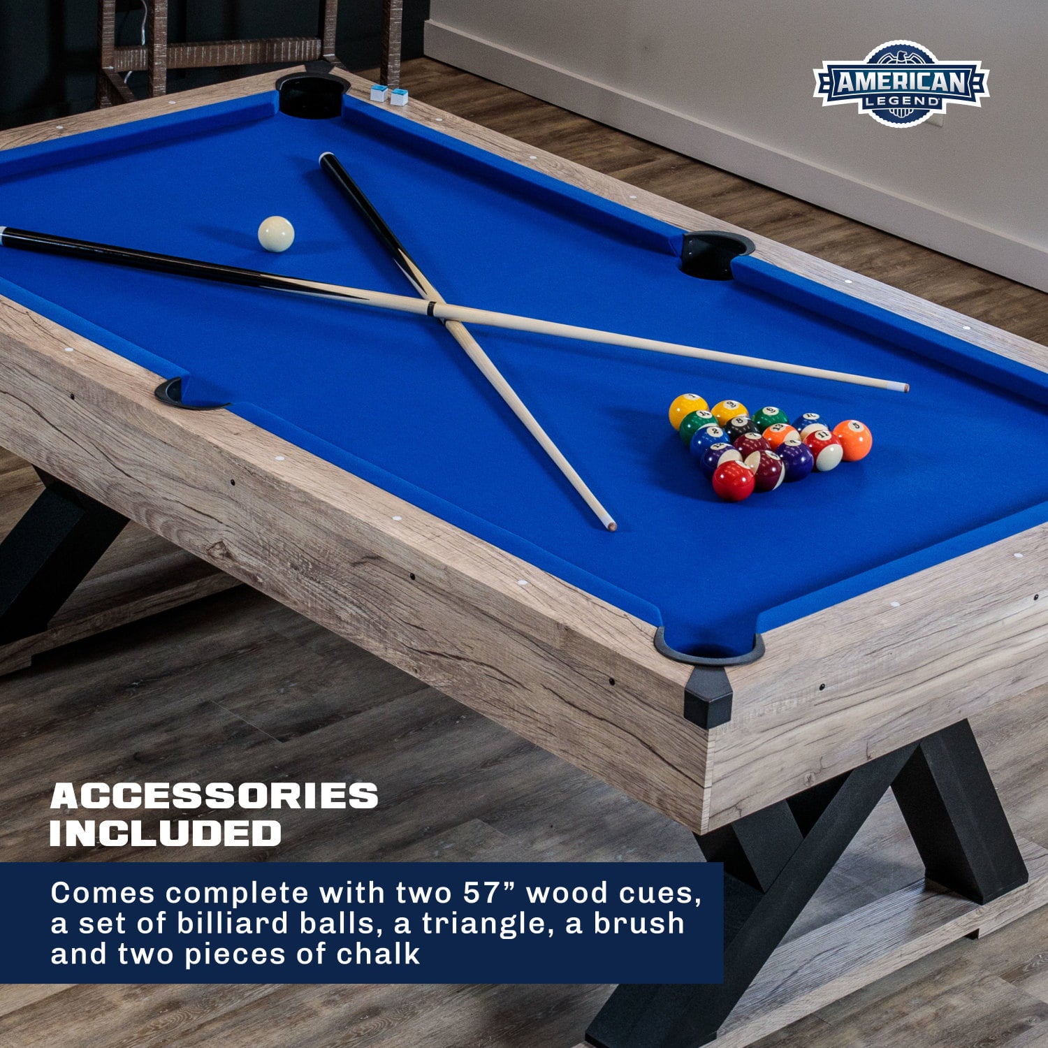 American Legend Kirkwood 84" Billiard Table with Rustic Blond Finish, K-Shaped Legs and Royal Blue Cloth