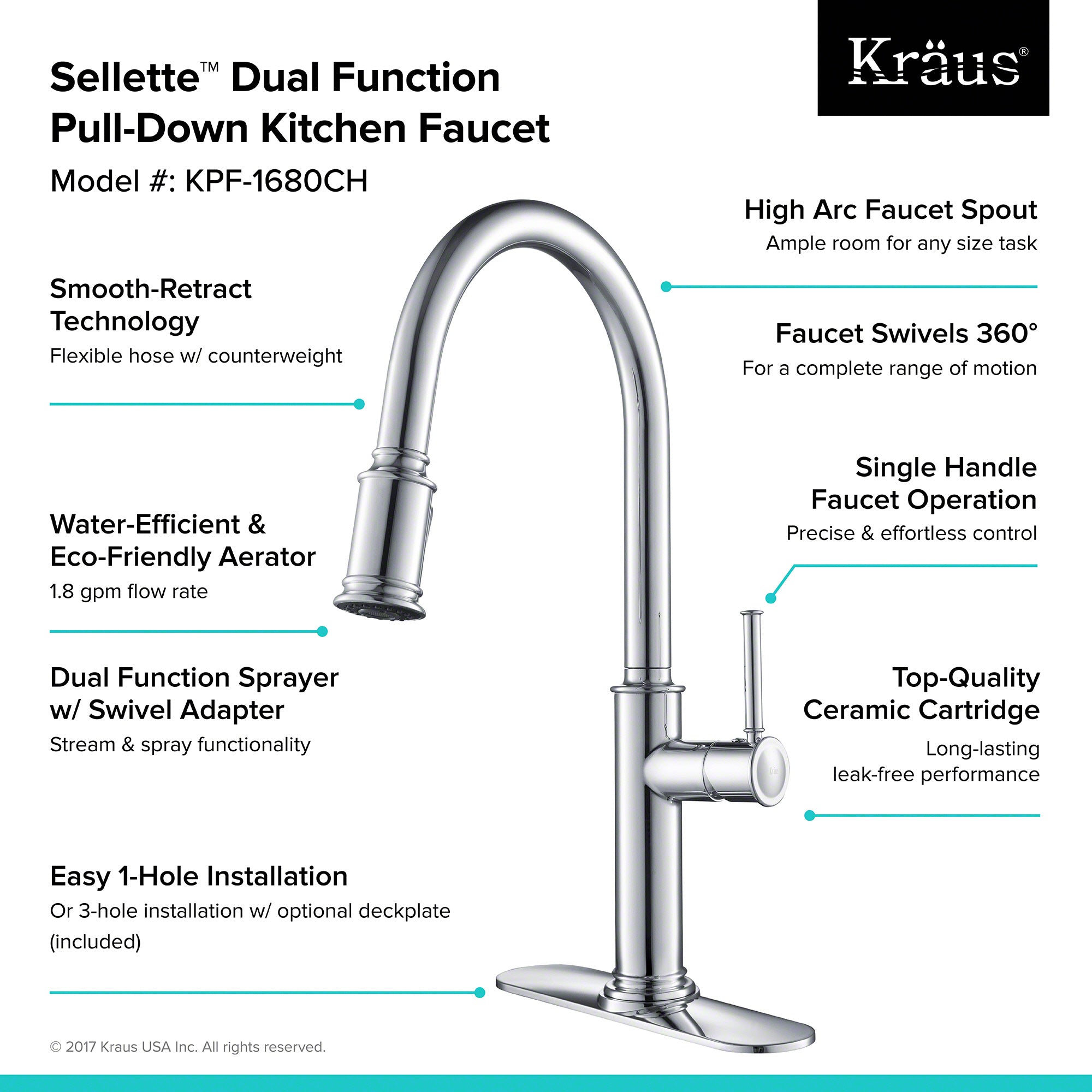 KRAUS Sellette™ Single Handle Pull Down Kitchen Faucet with Dual Function Sprayhead in Chrome Finish