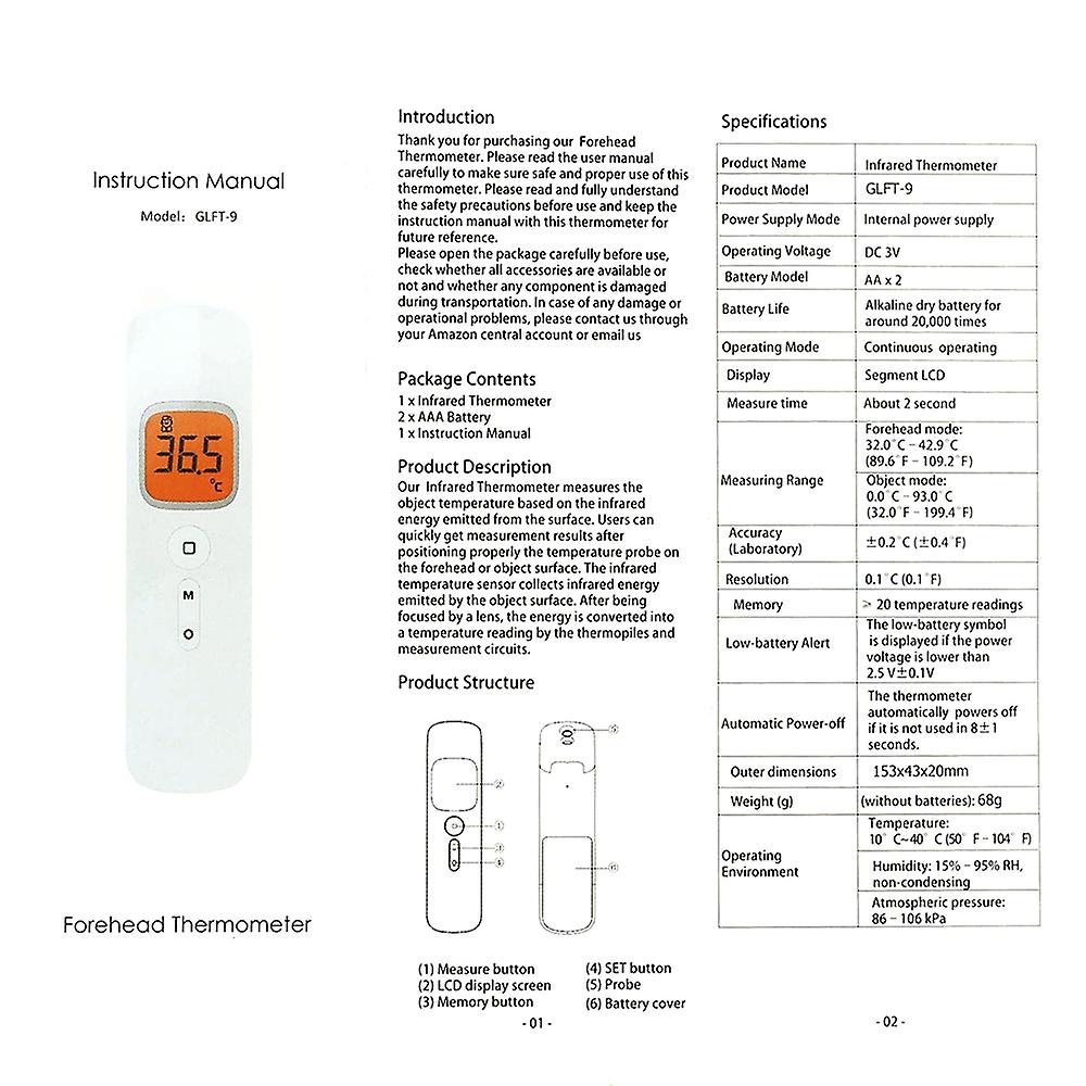 White Multifunctional Non-contact Ir Infrared Thermometer Hand-held Digital Lcd Forehead Temperature Measurement Household Portable Temperature Measur