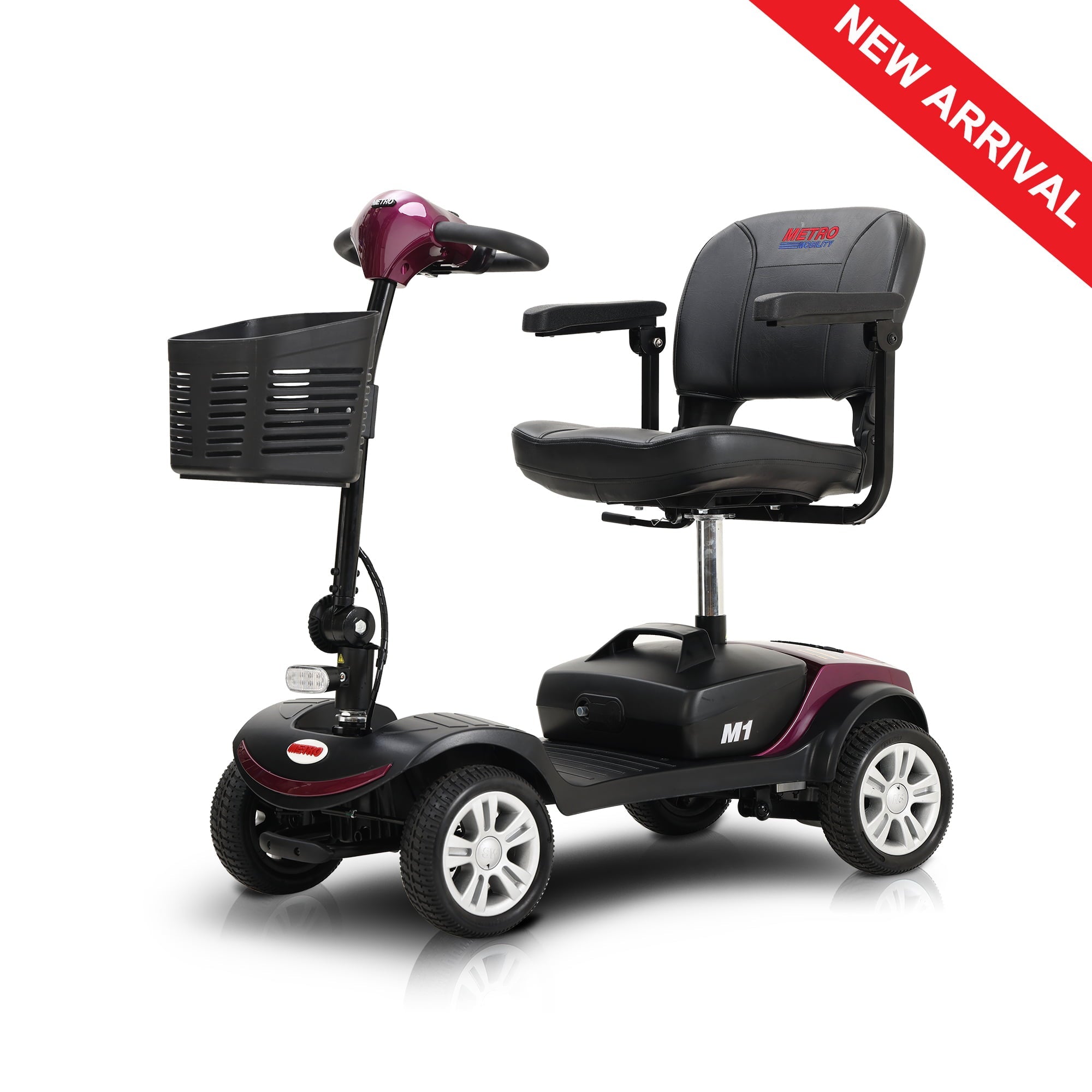 Folding 4 Wheels Compact Travel Mobility Scooter with Led Light 300W, Electric Powered Wheelchair Device Motor for Adult Elderly -300lbs, Power Extended Battery with Charger and Basket, Plum