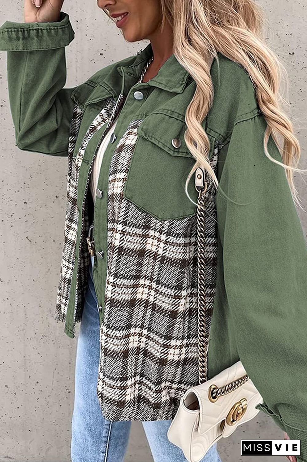 Plaid Splicing Open Button Denim Jacket