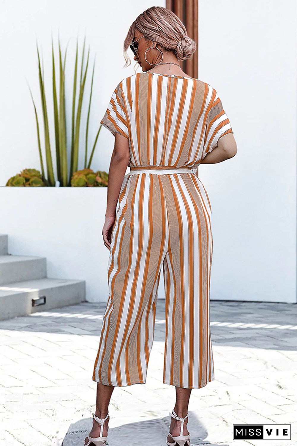 V Neck Striped Loose Jumpsuit