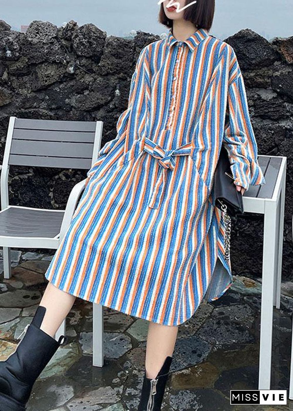 Unique Tie Waist Button Side Open Fall Striped Dress Long sleeve