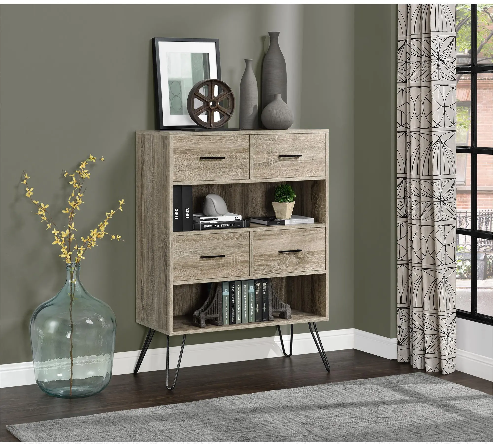 Landon Distressed Gray Oak Bookcase with Bins