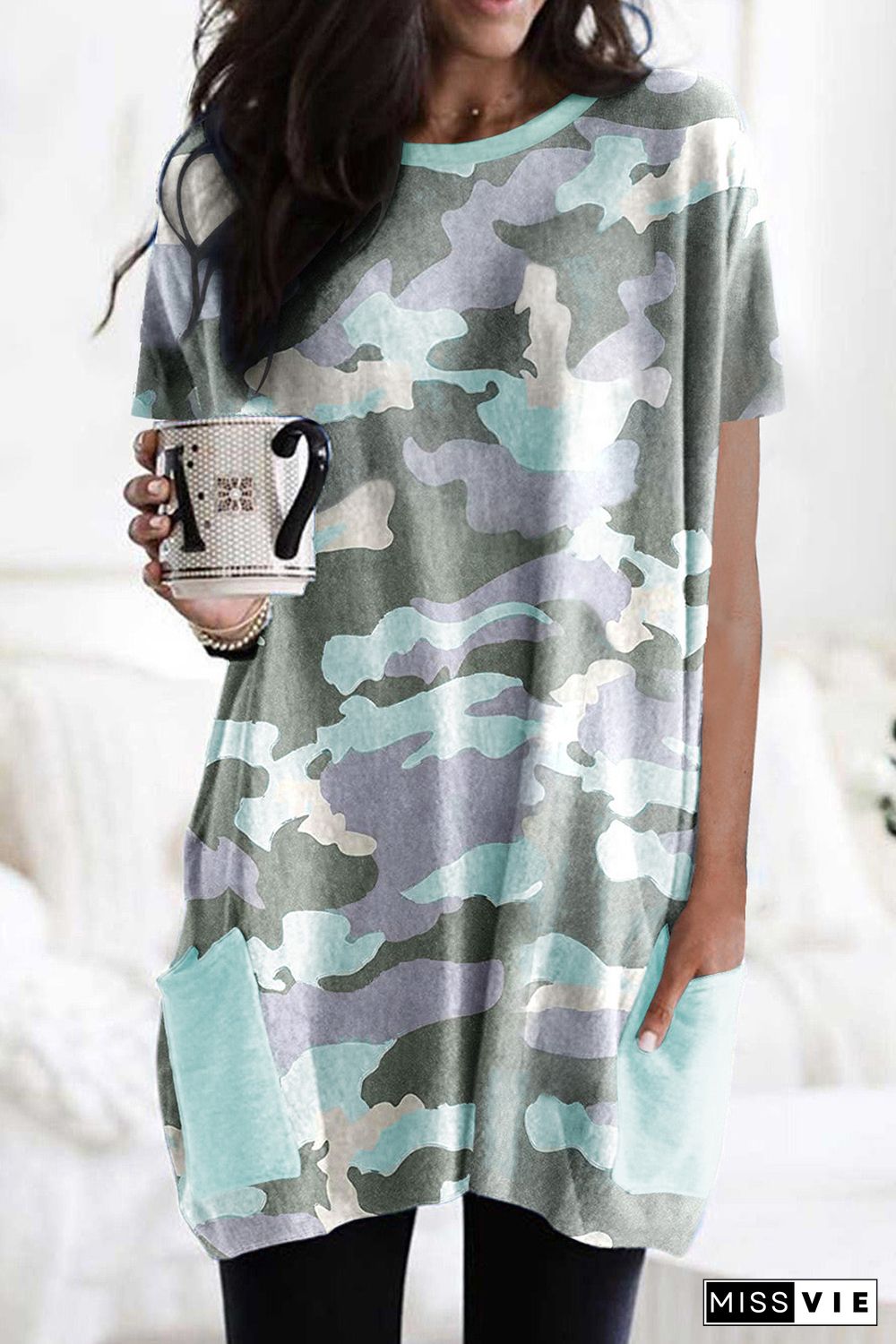 Camo Print Pocketed T-shirt Mini Dress