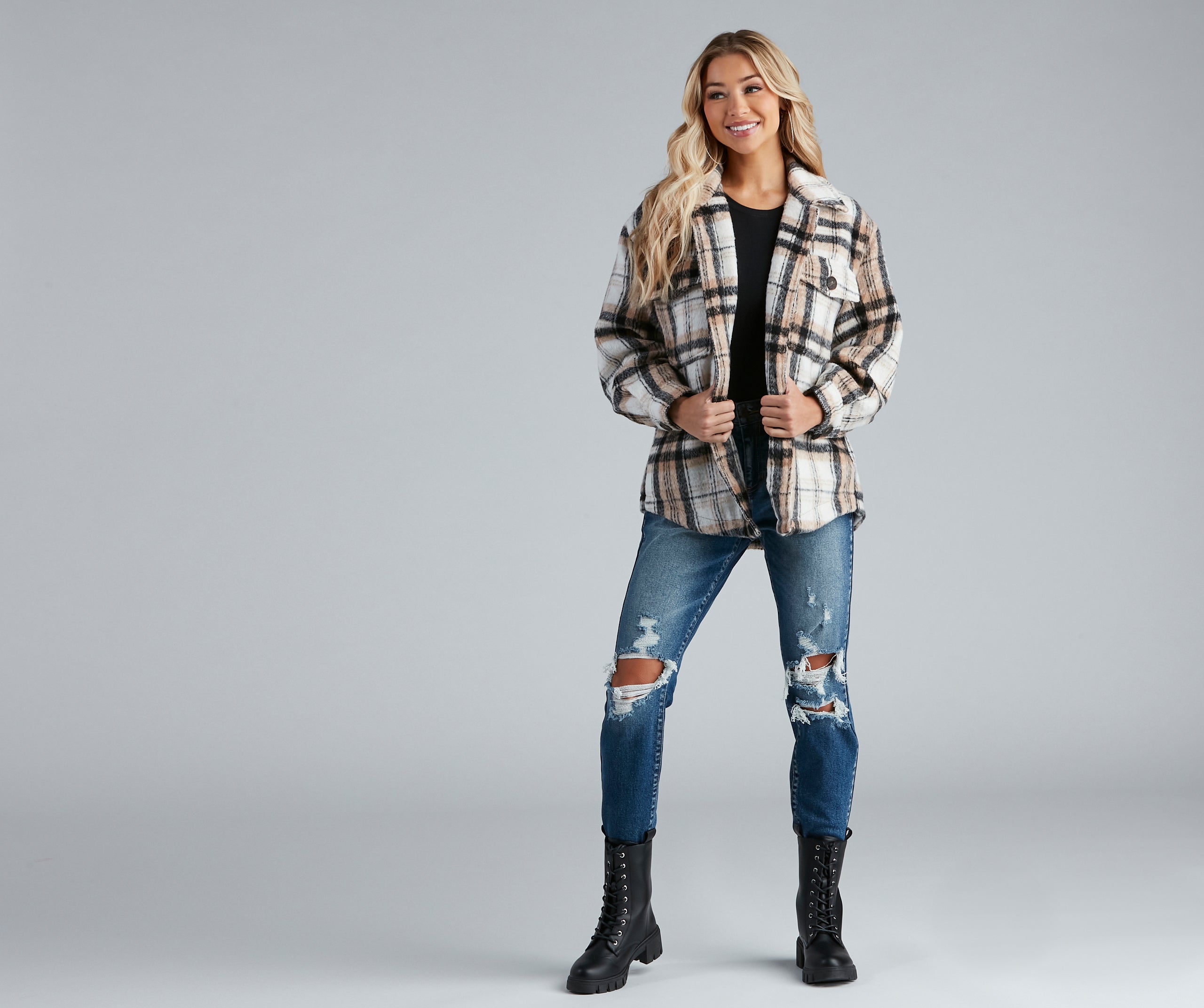 S'more Plaid Faux Fur Woven Shacket