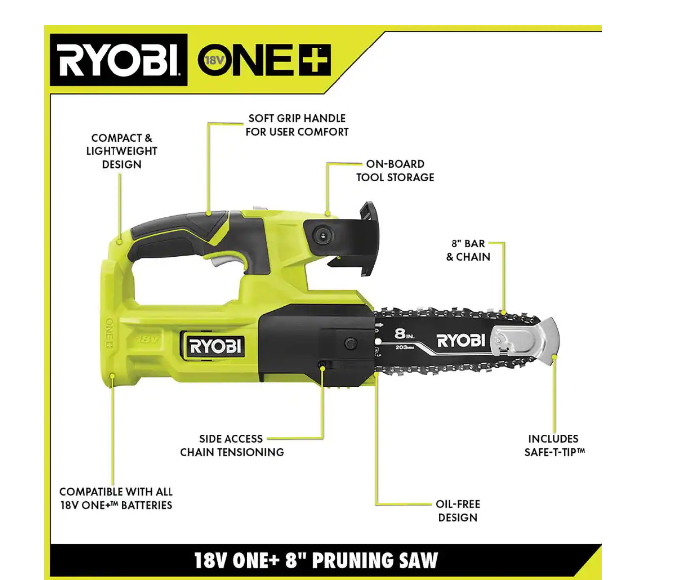 RYOBI P20310 ONE+ 18V 8 in. Cordless Battery Pole Saw and 8 in. Pruning Saw Combo Kit with 2.0 Ah Battery and Charger