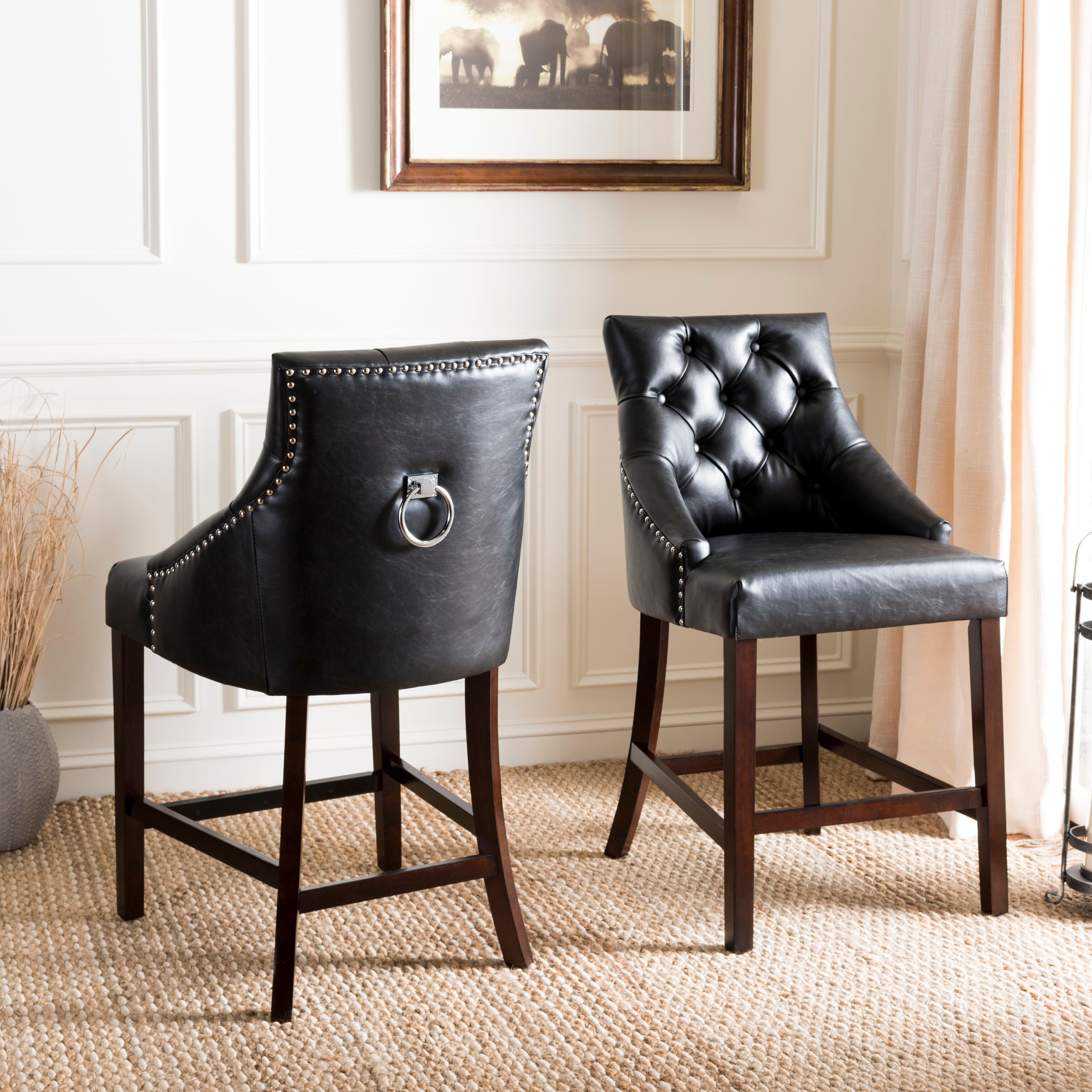 SAFAVIEH 26- Inch Eleni Black/ Espresso Tufted Counter Stool (Set of 2) - 22.5