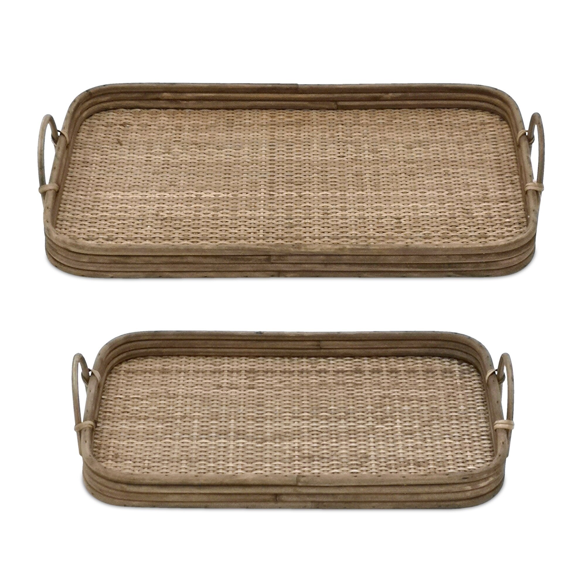 Wood and Rattan Tray (Set of 2) - 17 x 10.5 x 3.5 - 17 x 10.5 x 3.5