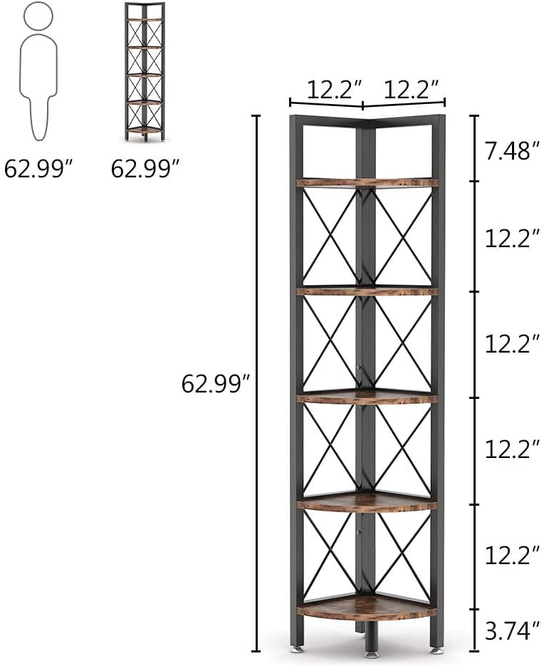 Rustic 5 Tier Corner Shelf, Corner Bookshelf Small Bookcase Plant Stand for Living Room, Home Office, Kitchen, Small Space