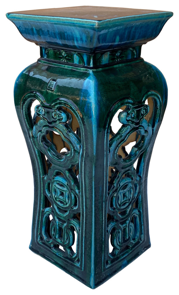 Ceramic Clay Green Square Tall Pedestal Table Flower Display Stand Hcs7011   Asian   Outdoor Side Tables   by Golden Lotus Antiques  Houzz