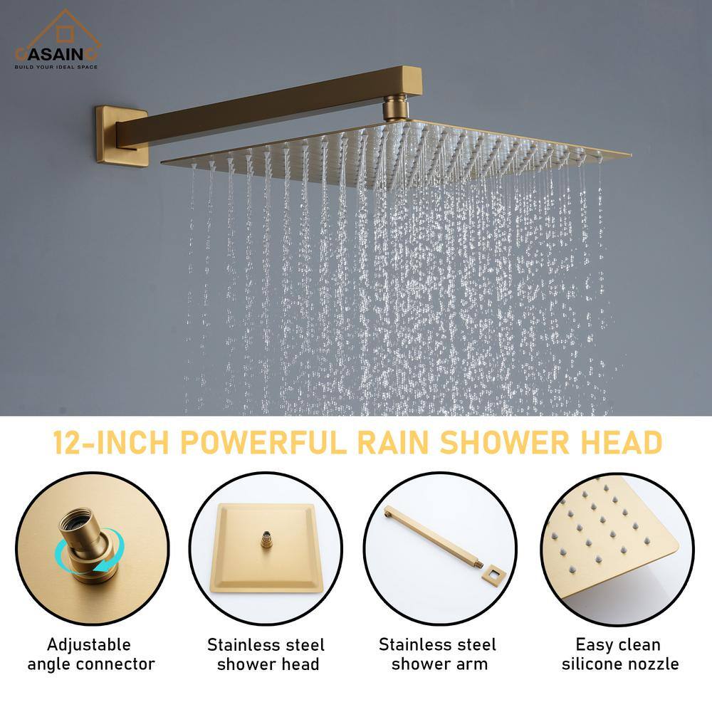 CASAINC 6-Spray Pattern 12 in. Wall Mounted Rainfall Shower Faucet and Dual Shower Heads System With 6 Body Jets In Brushed Gold CS6077-BG